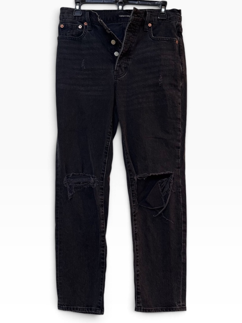 Lucky Brand High Rise Mom Jean Drew Black Washed Distressed Size 4 / 27
